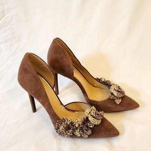 Suede heels, dark blush color, gold mini-sequin embellishment, Size 10-Preowned